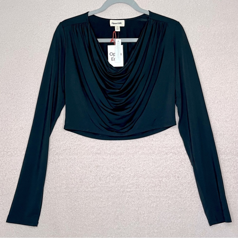 Open Edit Cowl Neck Long Sleeve Blouse-Black-Womens M-Evening-Date Night-NEW-NWT
